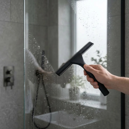 PureRain matte black silicone shower squeegee with over-glass hook holder being used to clear water off a glass panel in a shower.