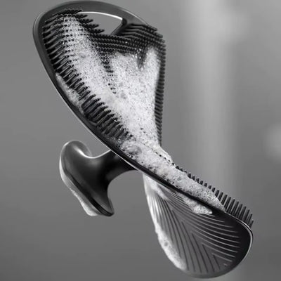 PureRain charcoal matte black silicone body scrubber for exfoliation with soap on