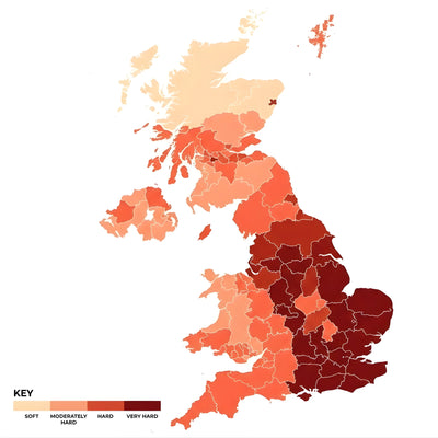 Map of the UK's countys hard water levels, image shows a key for Soft, moderately hard, hard and very hard water countys.